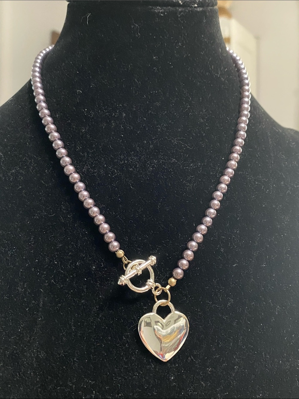 Pearl Bead Necklace with Heart Pendant - Lavender